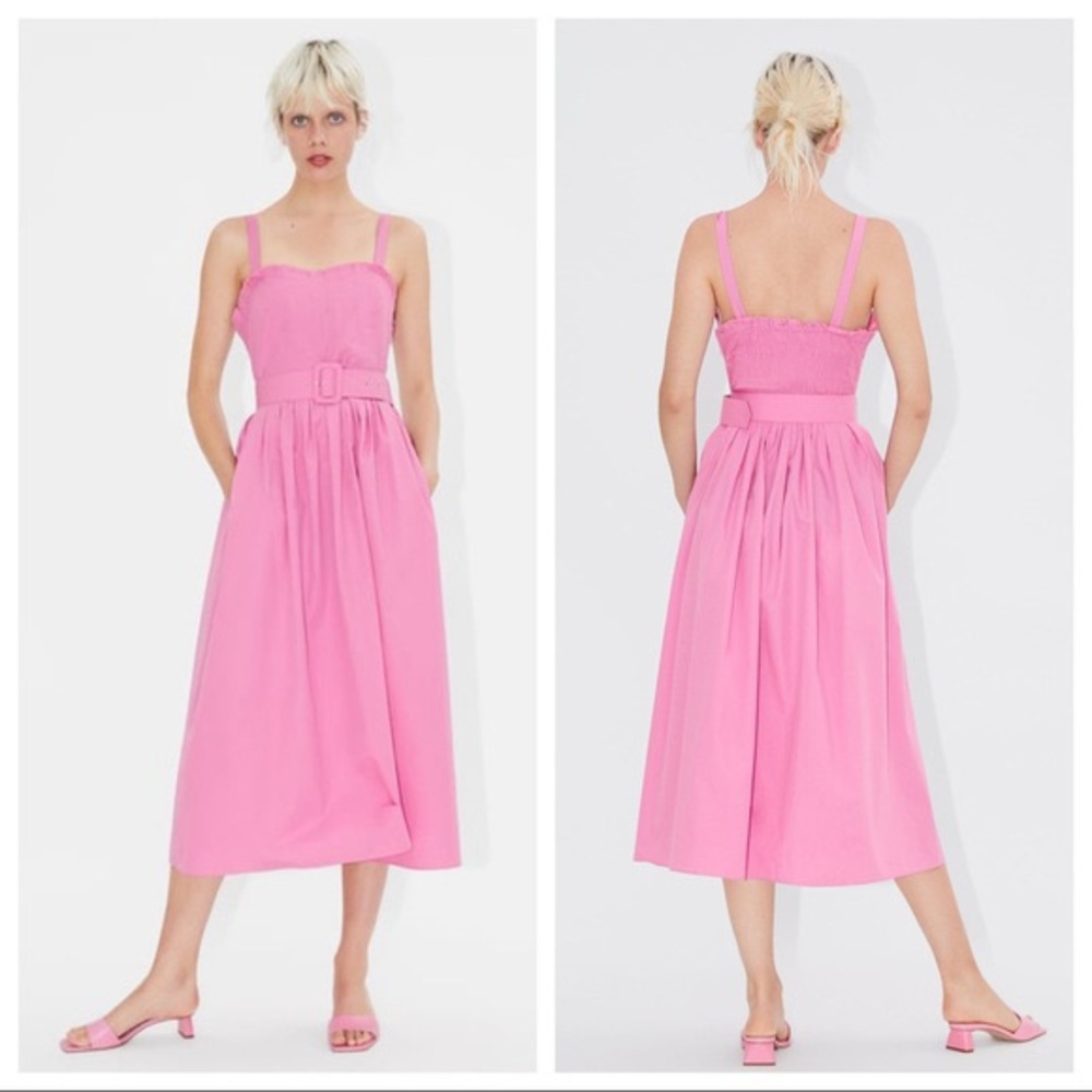 ZARA PINK POPLIN MIDI MAXI DRESS WITH BELT large